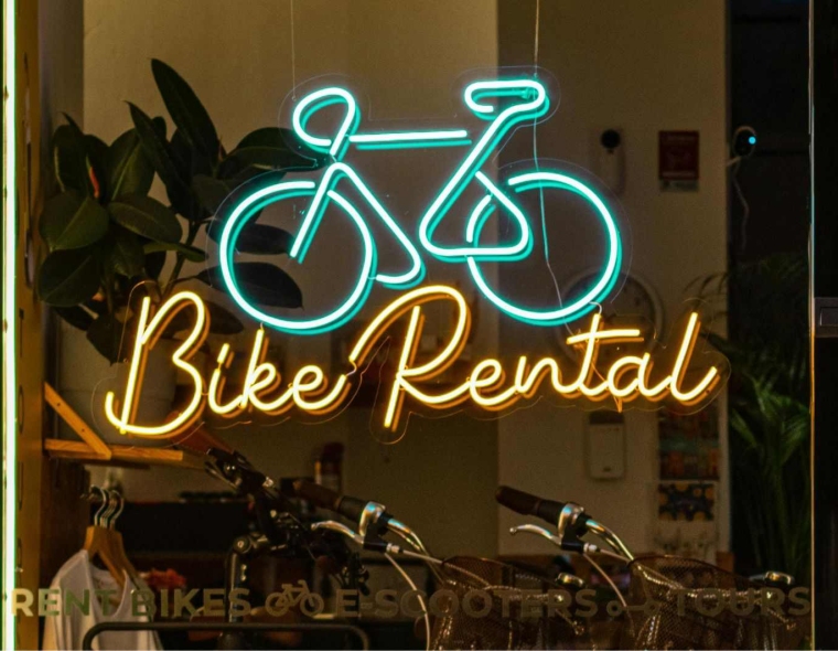 Neon Sign of a Bike Rental Shop